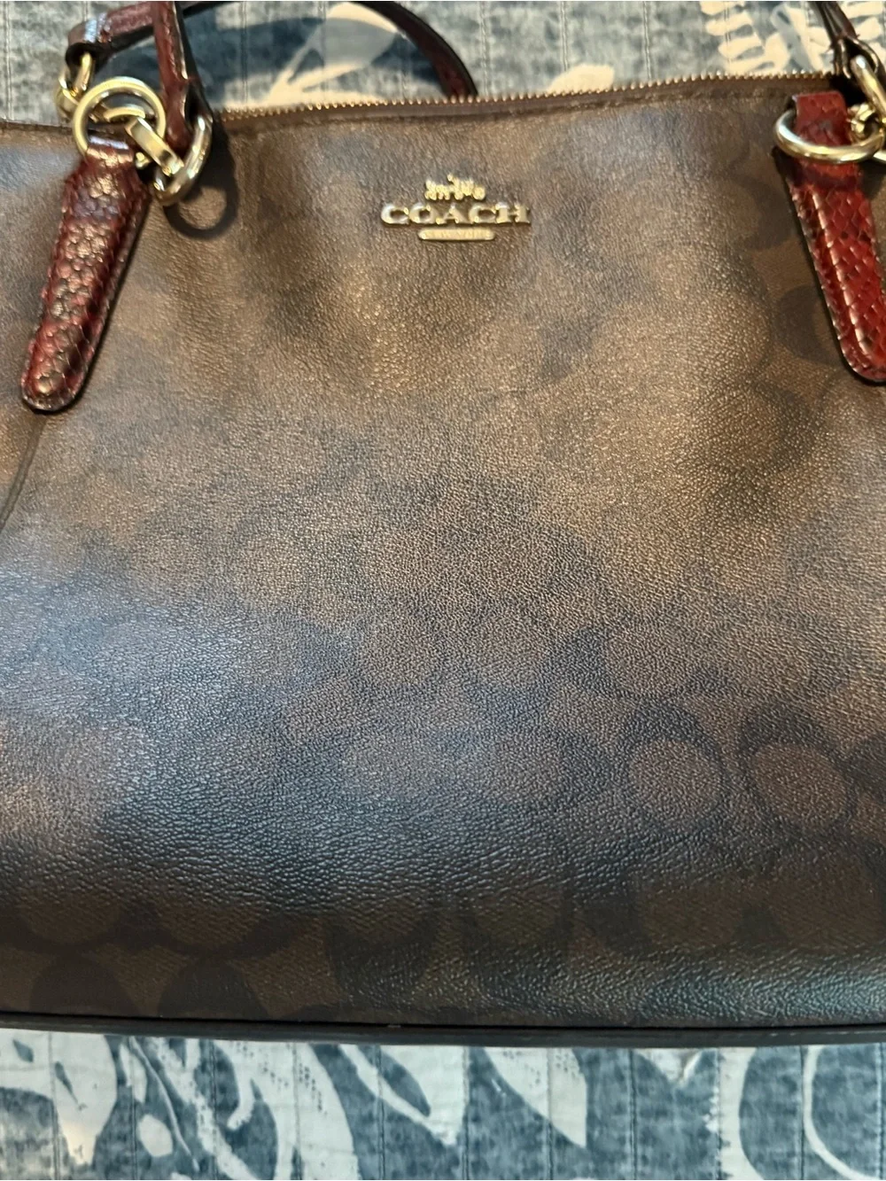 COACH Brown Signature Tote with Burgundy Handles and Gold Hardware